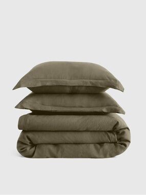 QUINCE European Linen Double Flange Duvet Cover Set King/C King Dusty Olive 7419